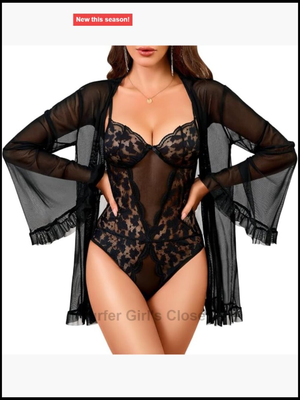2 Piece Lace Bodysuit & Sheer Bell Sleeve Kimono Robe Set